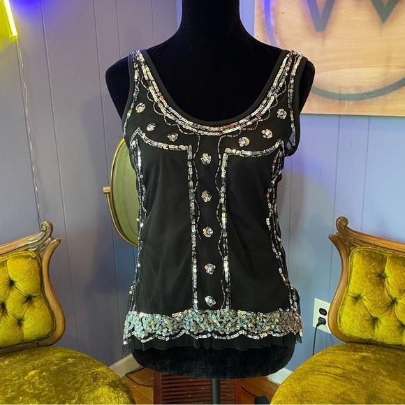 Vintage Tops - Vintage Y2K Candie’s Black Mesh Sequin Tank Top